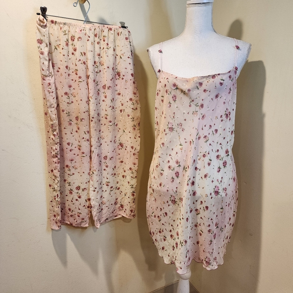 Josie Natori Floral Pink Slip Dress and Pants  Set Size L